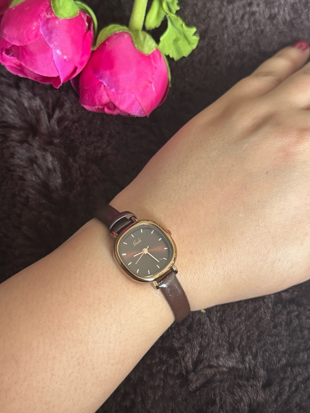 Elegant Brown Leather Women's Watch with Gold-Tone Case
